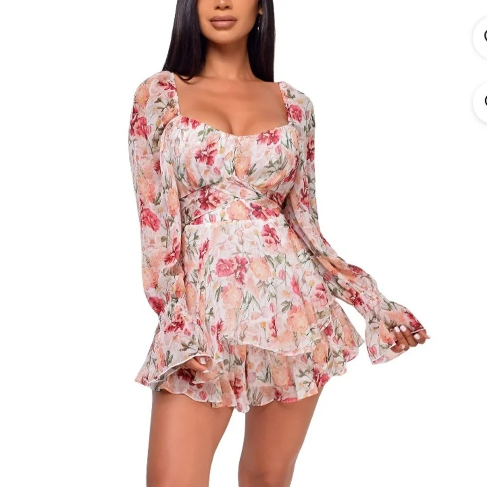 Cirrous Long Sleeve Chiffon Pink Floral Ruffle Romper Open Back